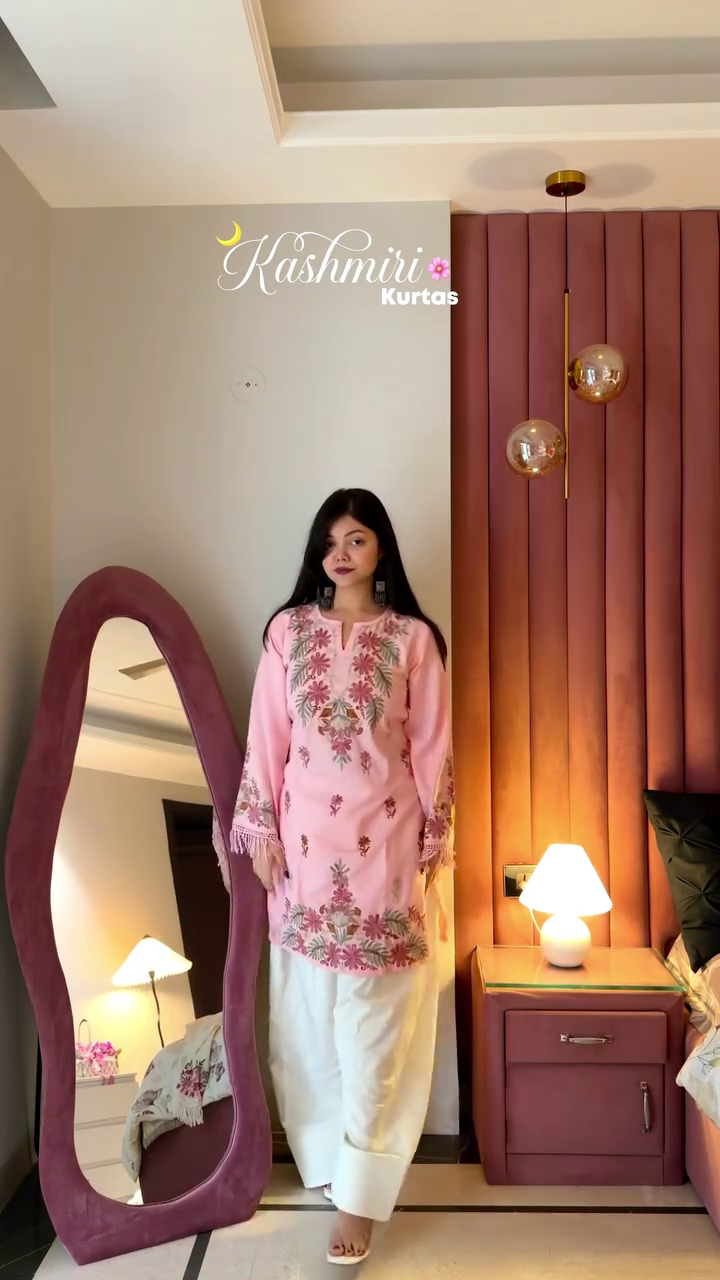 Blush Pink Kashmiri Embroidered Kurta with White Palazzo