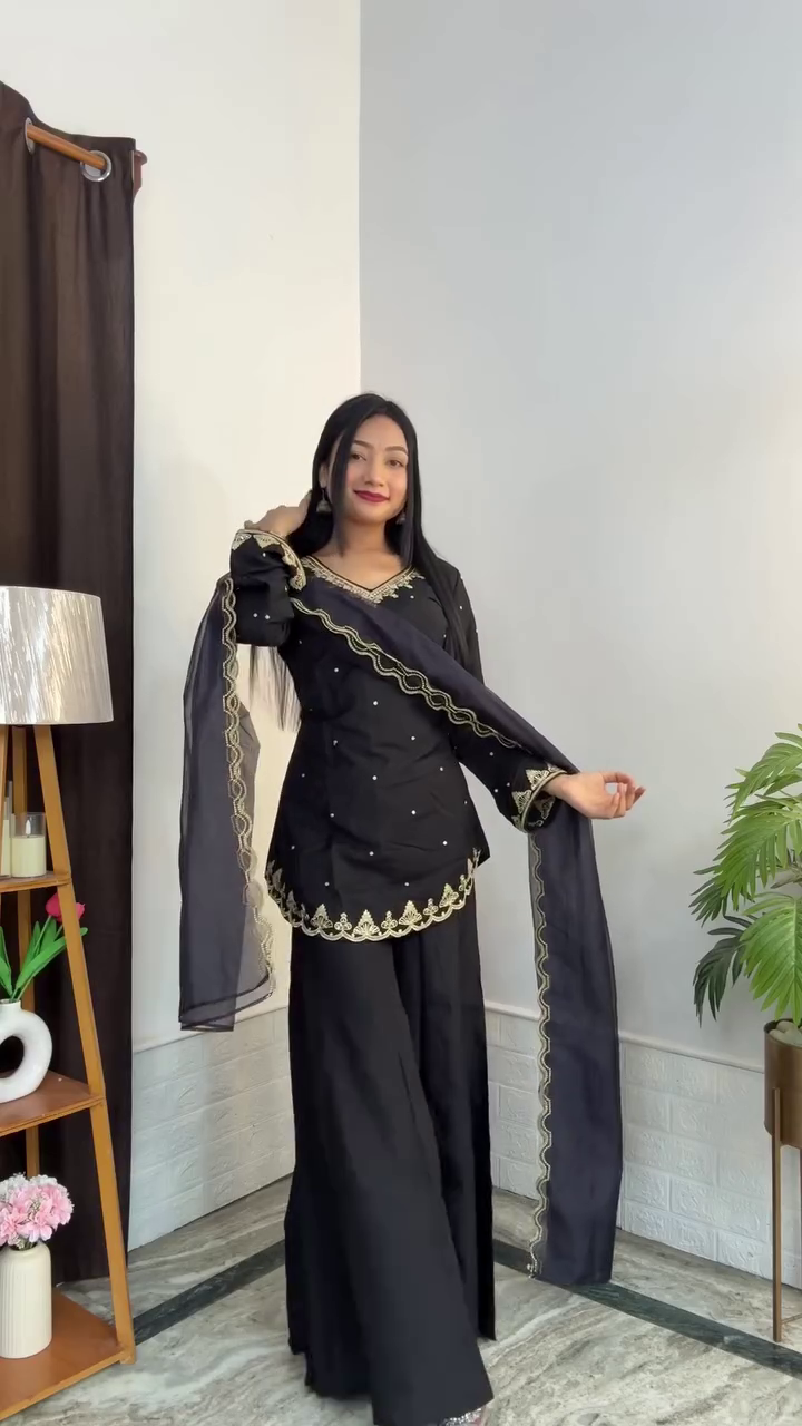 Elegant Black Embroidered Kurta Set with Sheer Dupatta