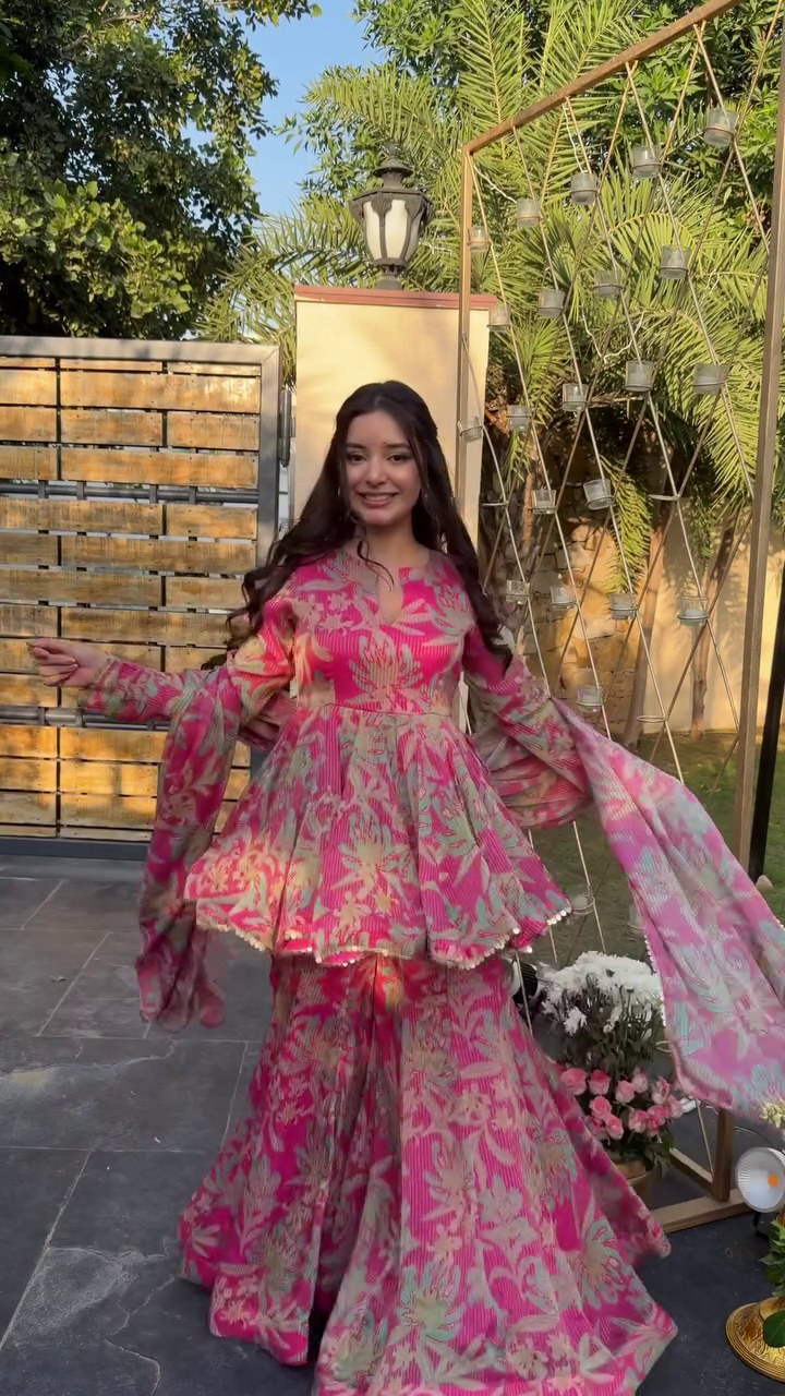 Fuchsia Pink Floral Festive Anarkali Set with Dupatta