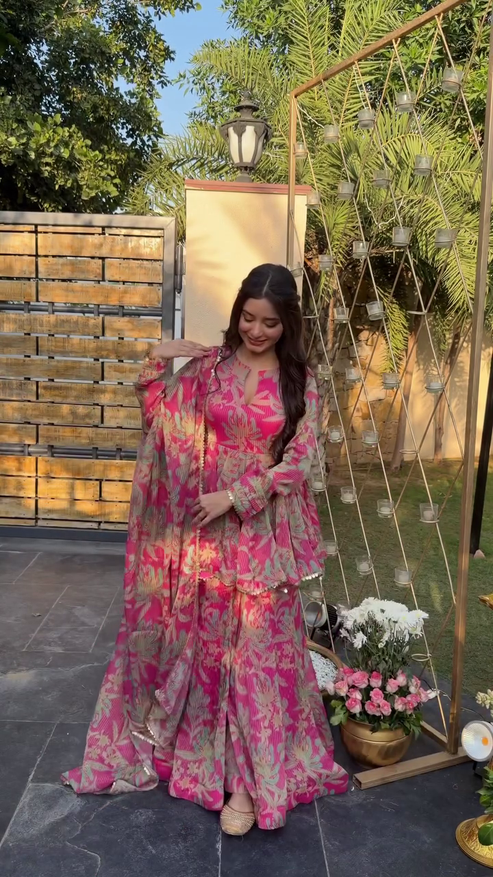 Fuchsia Pink Floral Festive Anarkali Set with Dupatta