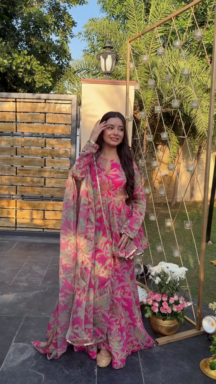 Fuchsia Pink Floral Festive Anarkali Set with Dupatta