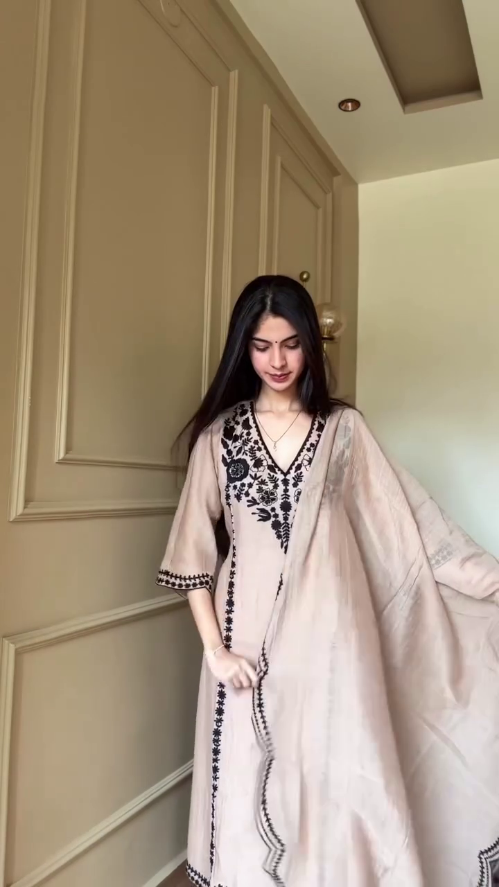 Beige & Black Embroidered A-Line Kurta Set with Dupatta