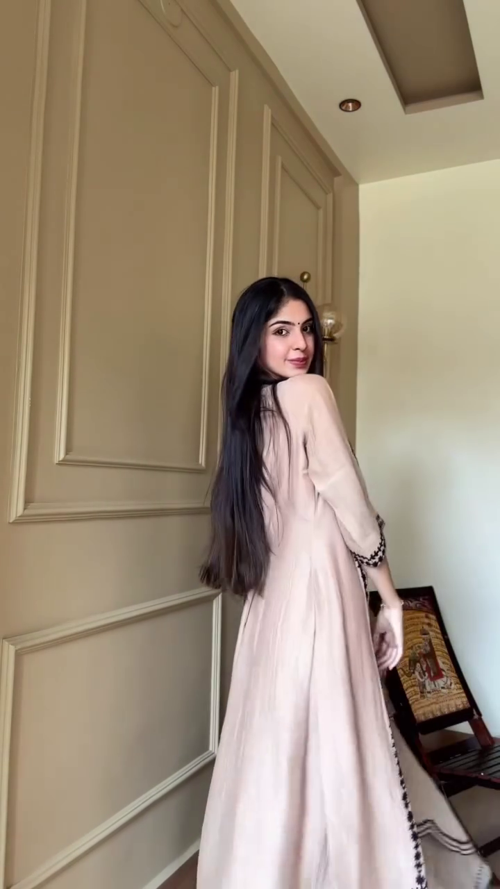 Beige & Black Embroidered A-Line Kurta Set with Dupatta