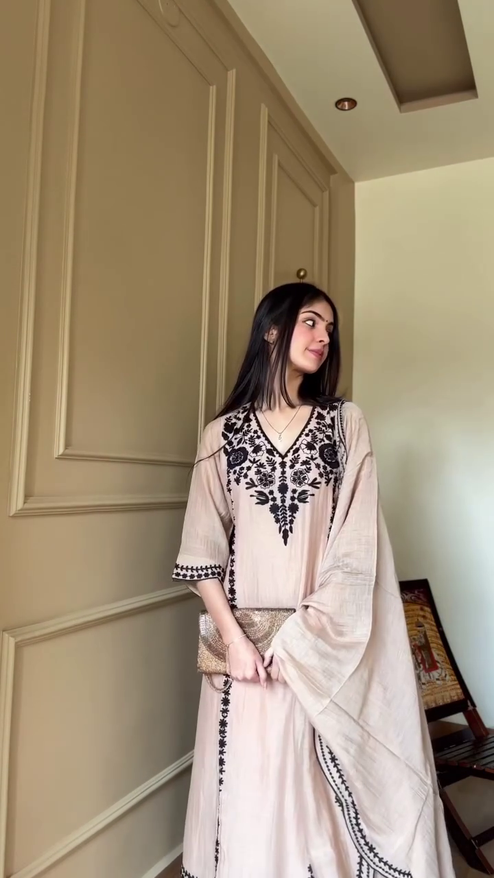 Beige & Black Embroidered A-Line Kurta Set with Dupatta