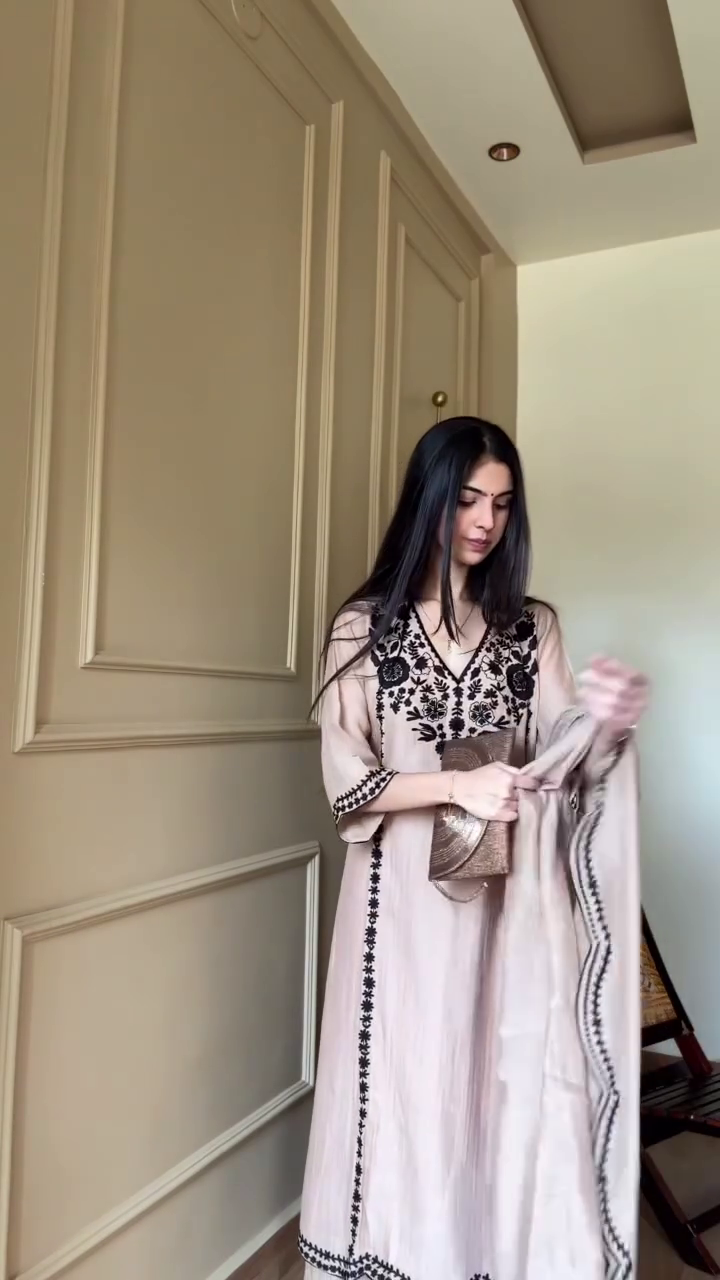 Beige & Black Embroidered A-Line Kurta Set with Dupatta