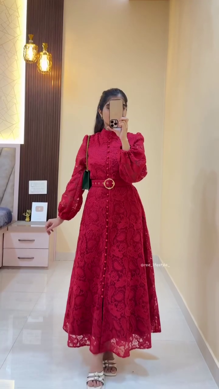 Ivory Embroidered Button-Down Dress with Belted Waist