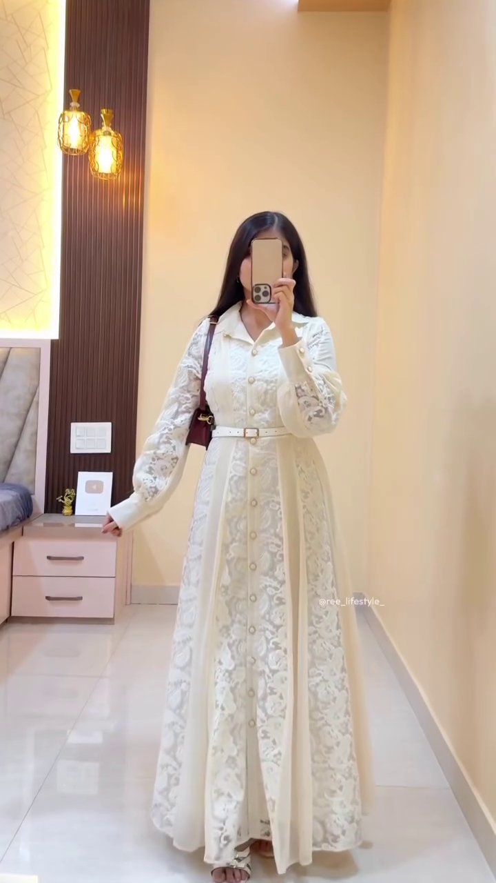 Ivory Embroidered Button-Down Dress with Belted Waist