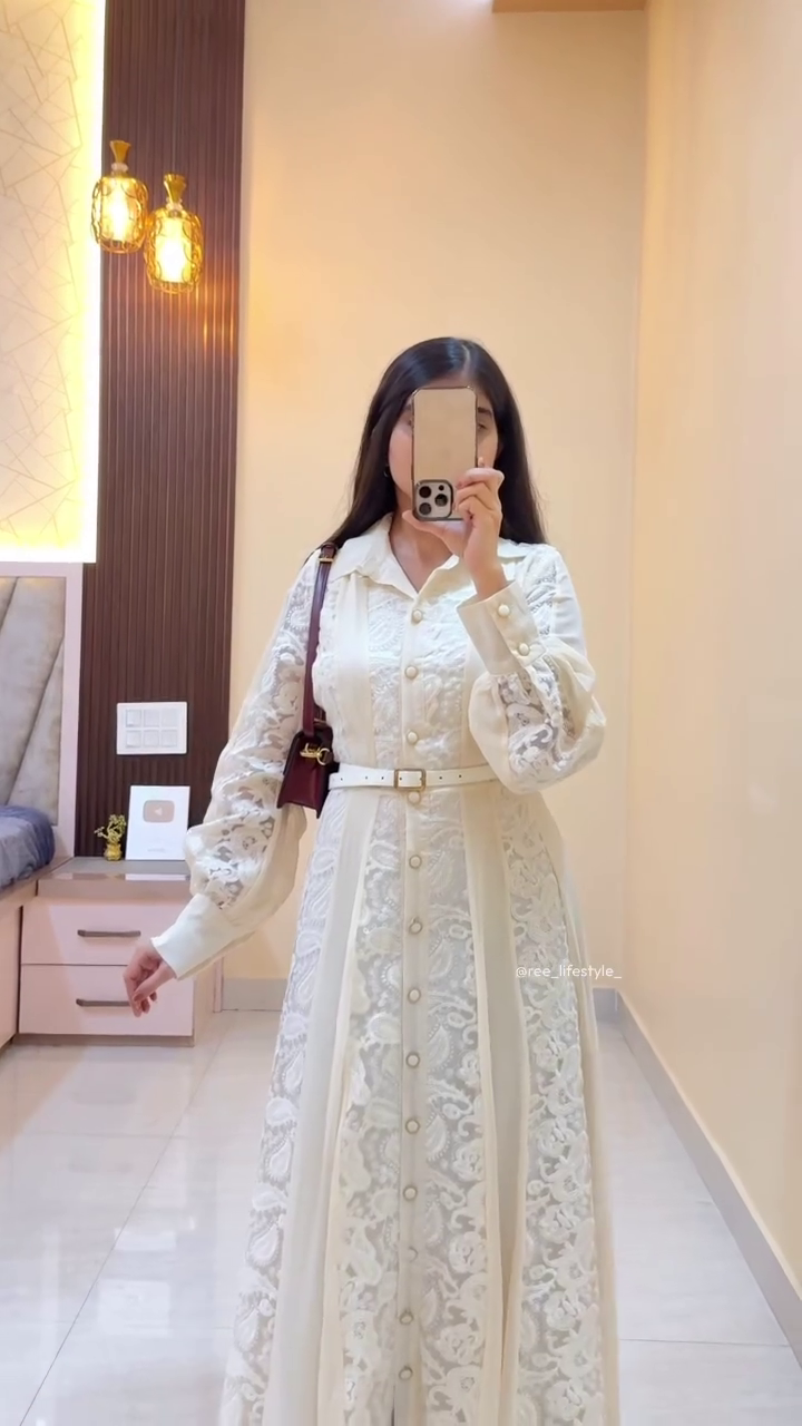 Ivory Embroidered Button-Down Dress with Belted Waist