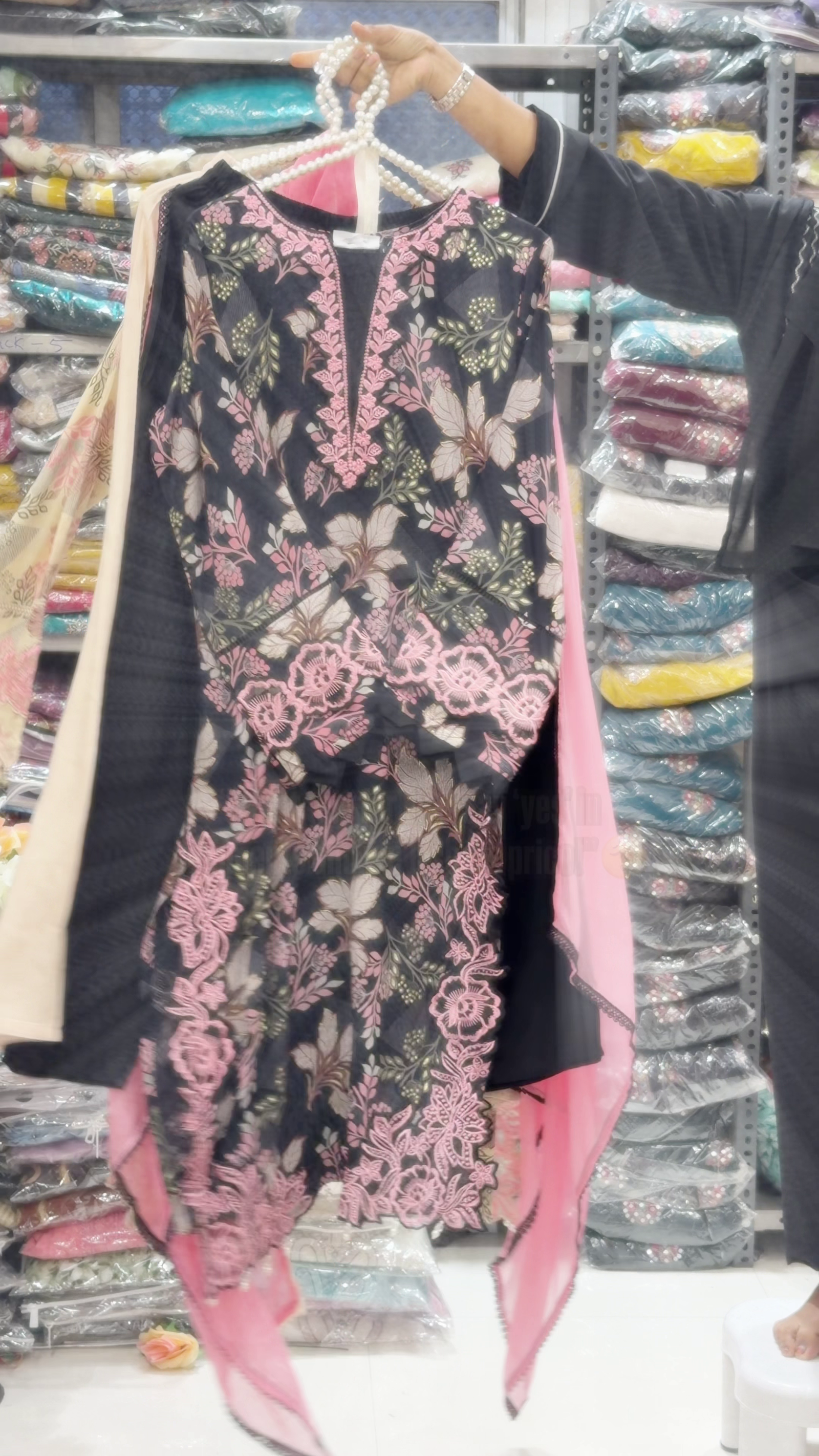 Black Floral Embroidered Kurta Set with Pink Dupatta