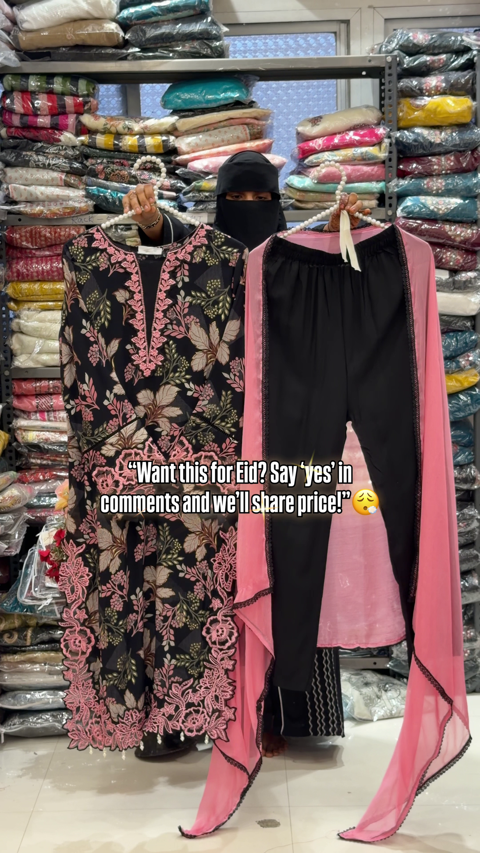 Black Floral Embroidered Kurta Set with Pink Dupatta