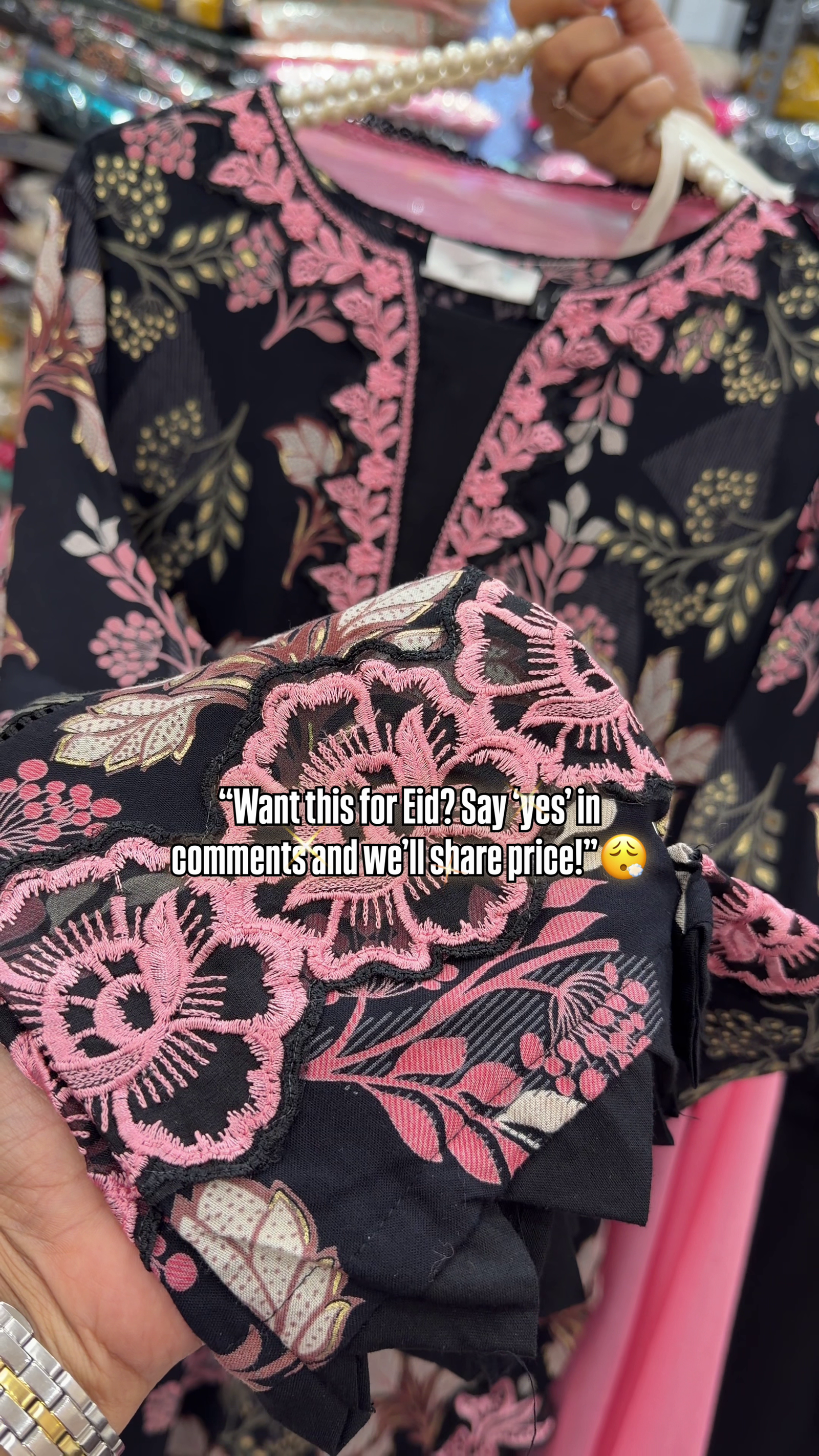 Black Floral Embroidered Kurta Set with Pink Dupatta