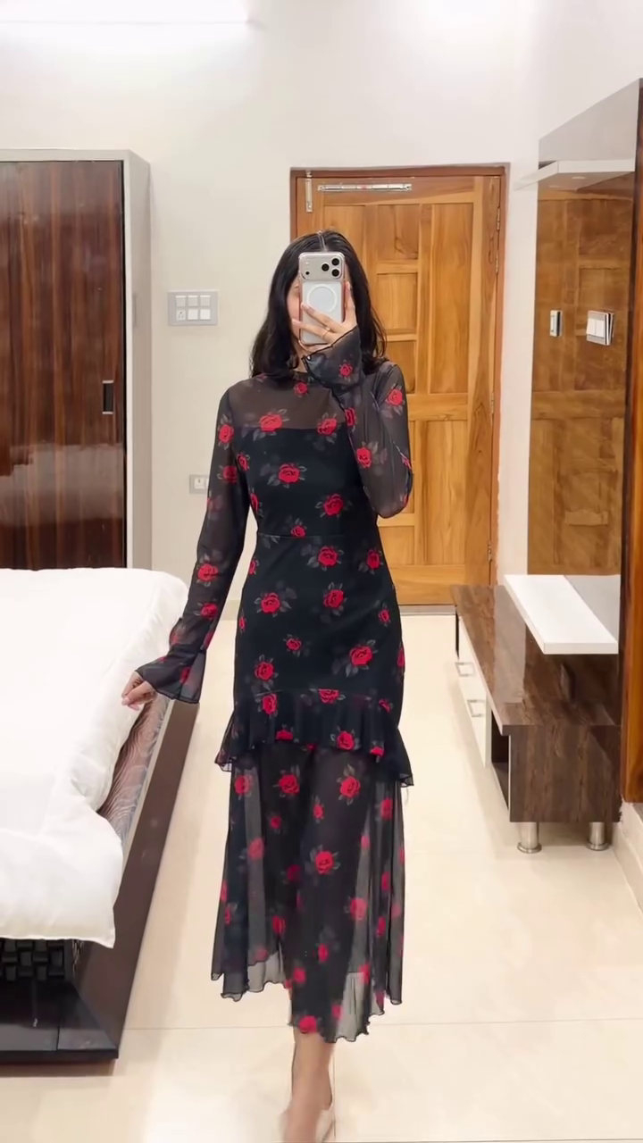 Black Sheer Rose Print Midi Dress