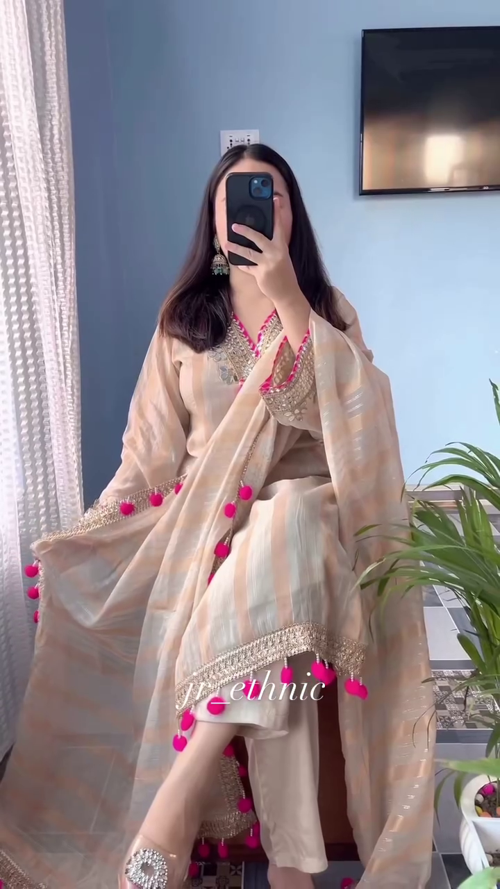 Beige Ethnic Kurta Set with Pink Tassel Dupatta