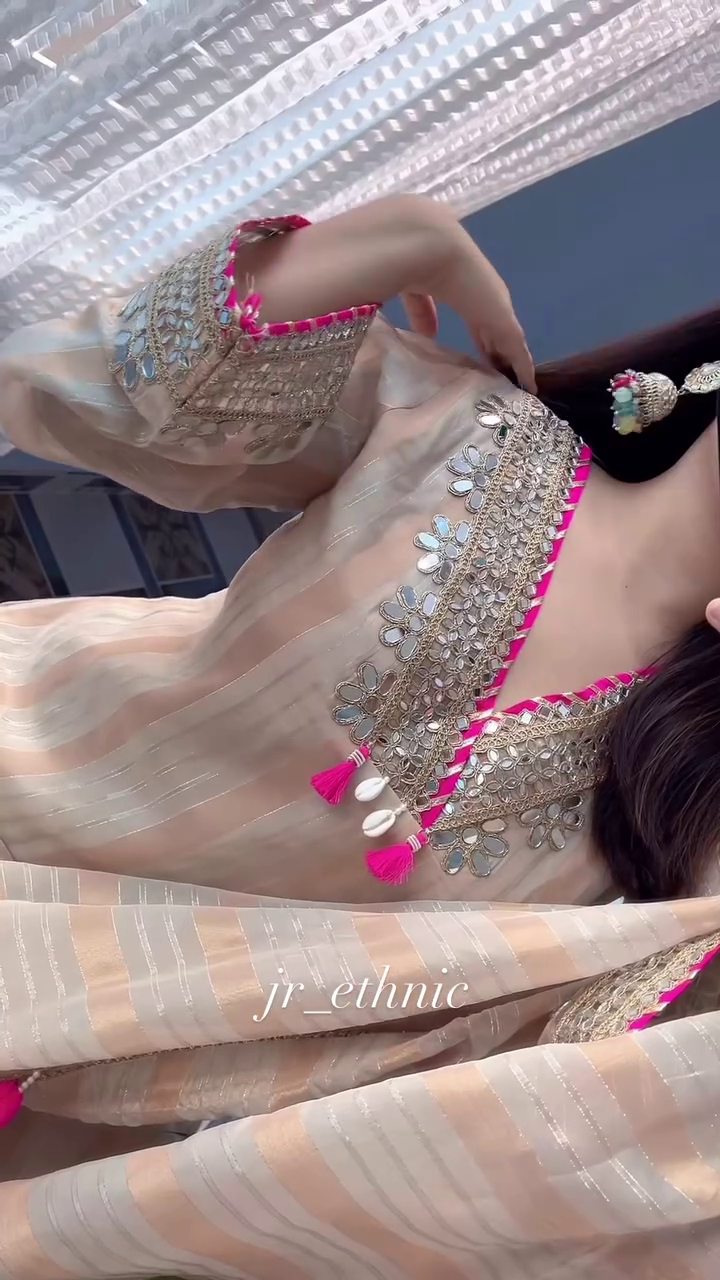 Beige Ethnic Kurta Set with Pink Tassel Dupatta