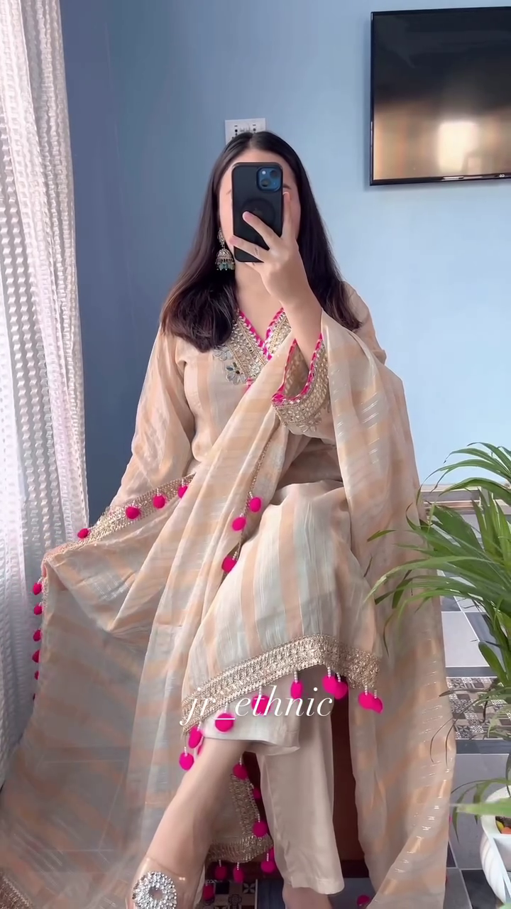 Beige Ethnic Kurta Set with Pink Tassel Dupatta