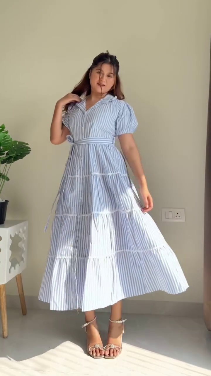 Blue & White Striped Tiered Midi Dress