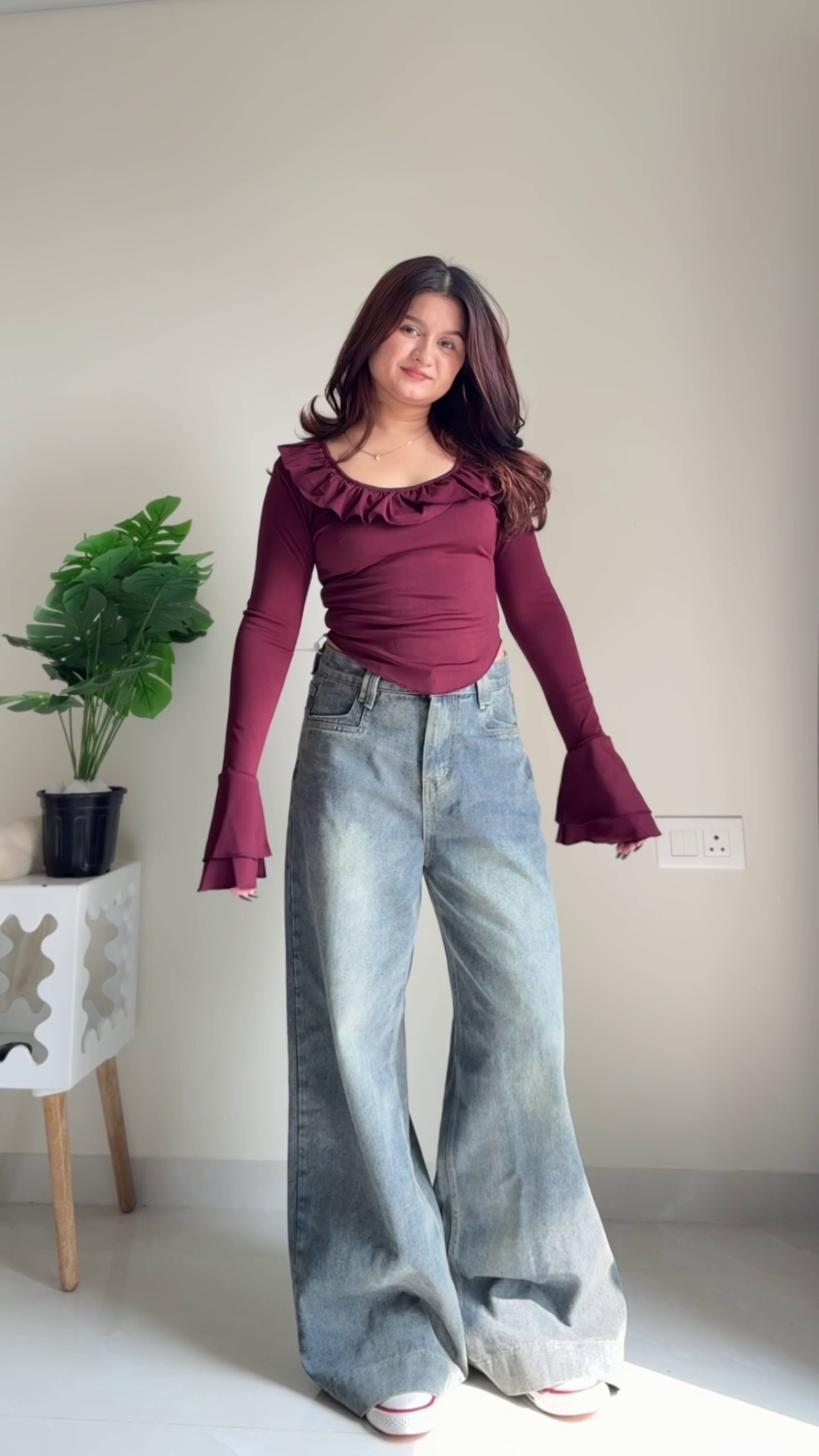 Grey Ribbed Bell Sleeve Top