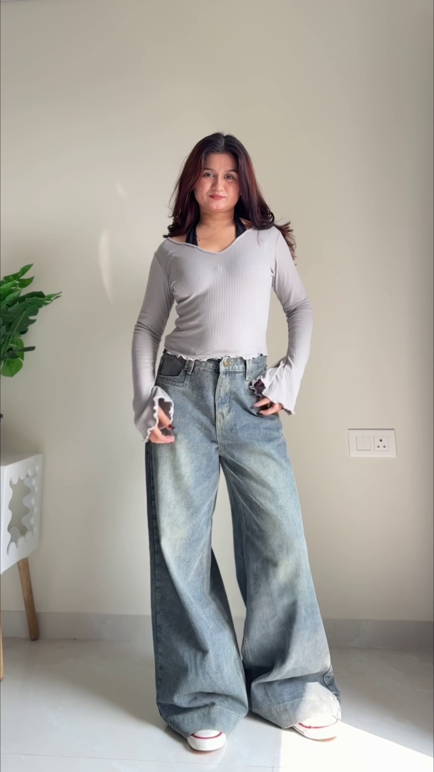 Grey Ribbed Bell Sleeve Top