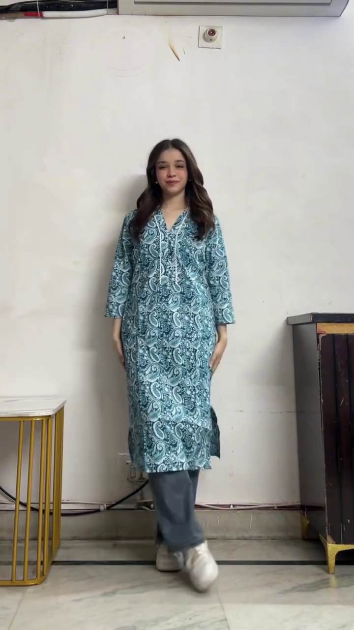 Teal Printed Straight Kurti