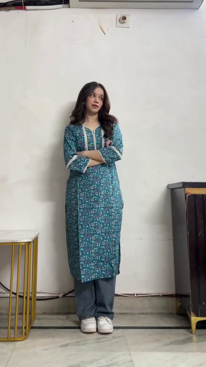 Teal Printed Straight Kurti