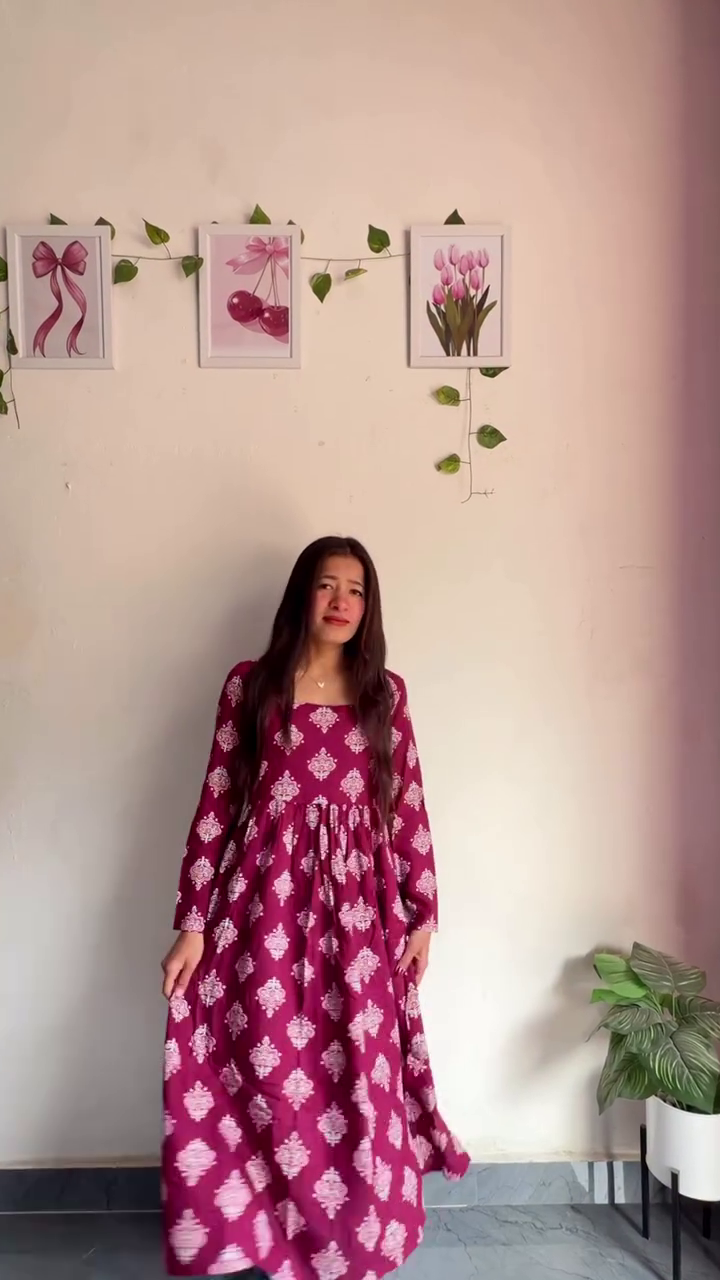 Wine Printed Anarkali Dress