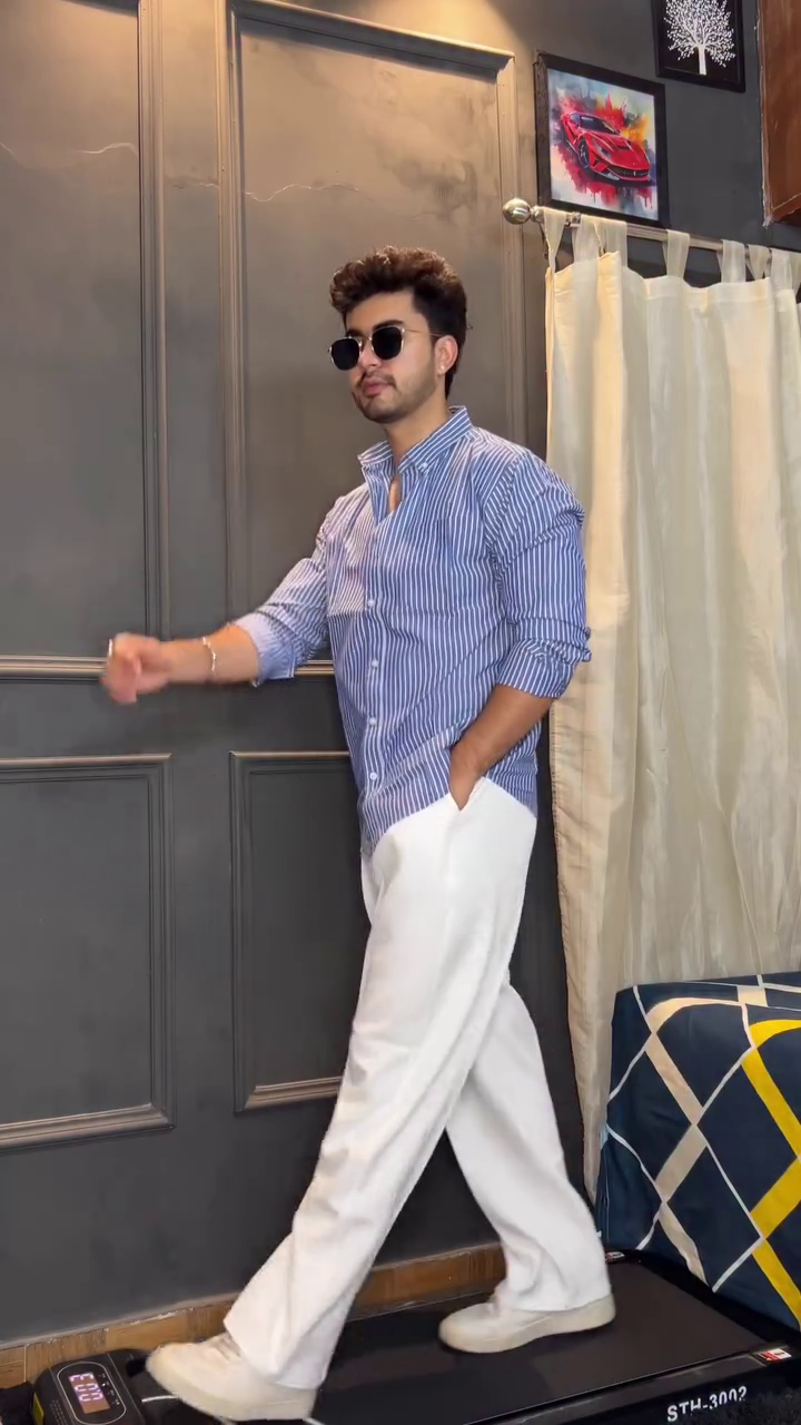 Men’s Blue Striped Shirt with White Trousers