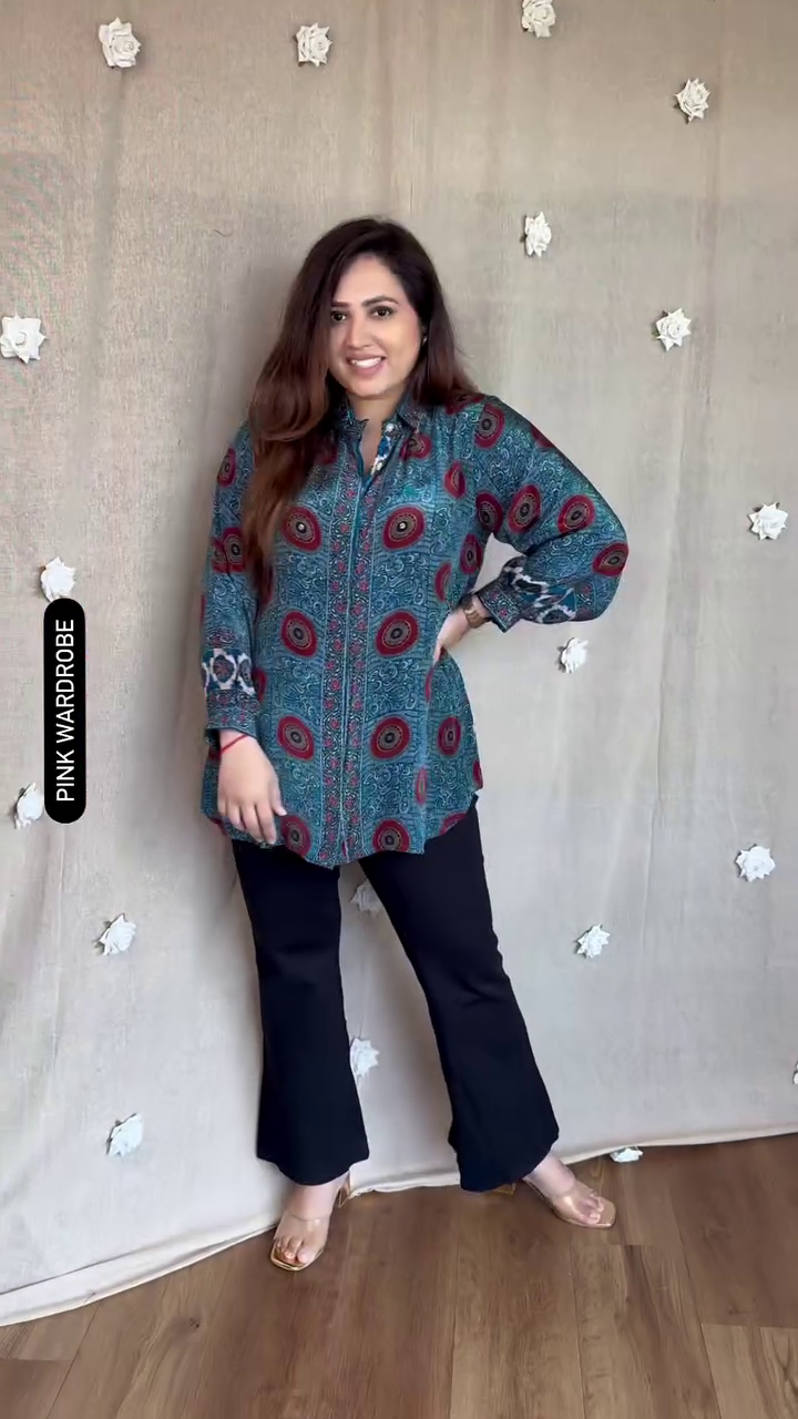 Teal Printed Kurti with Black Flared Pants