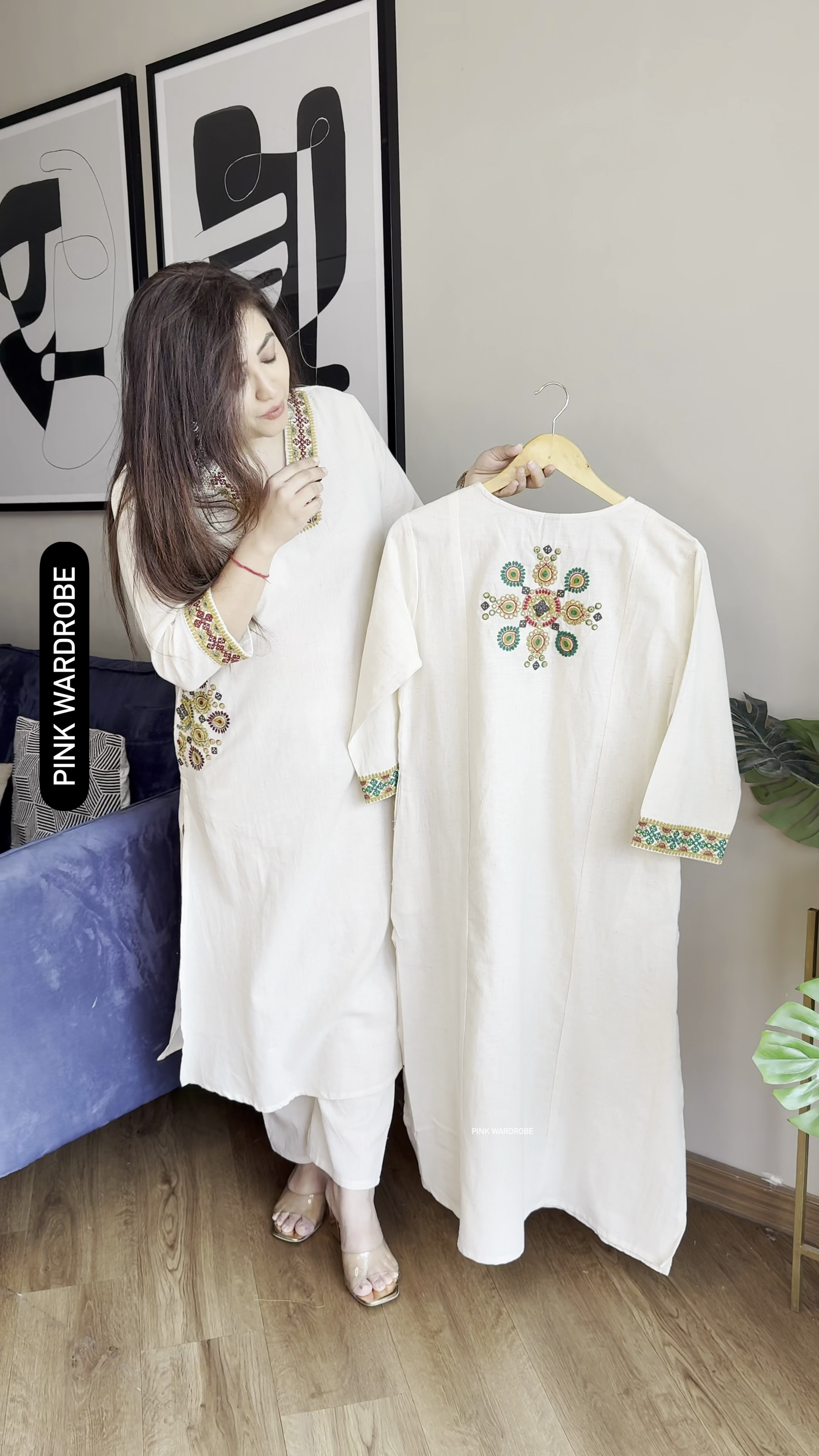 Cream Embroidered Kurti Set