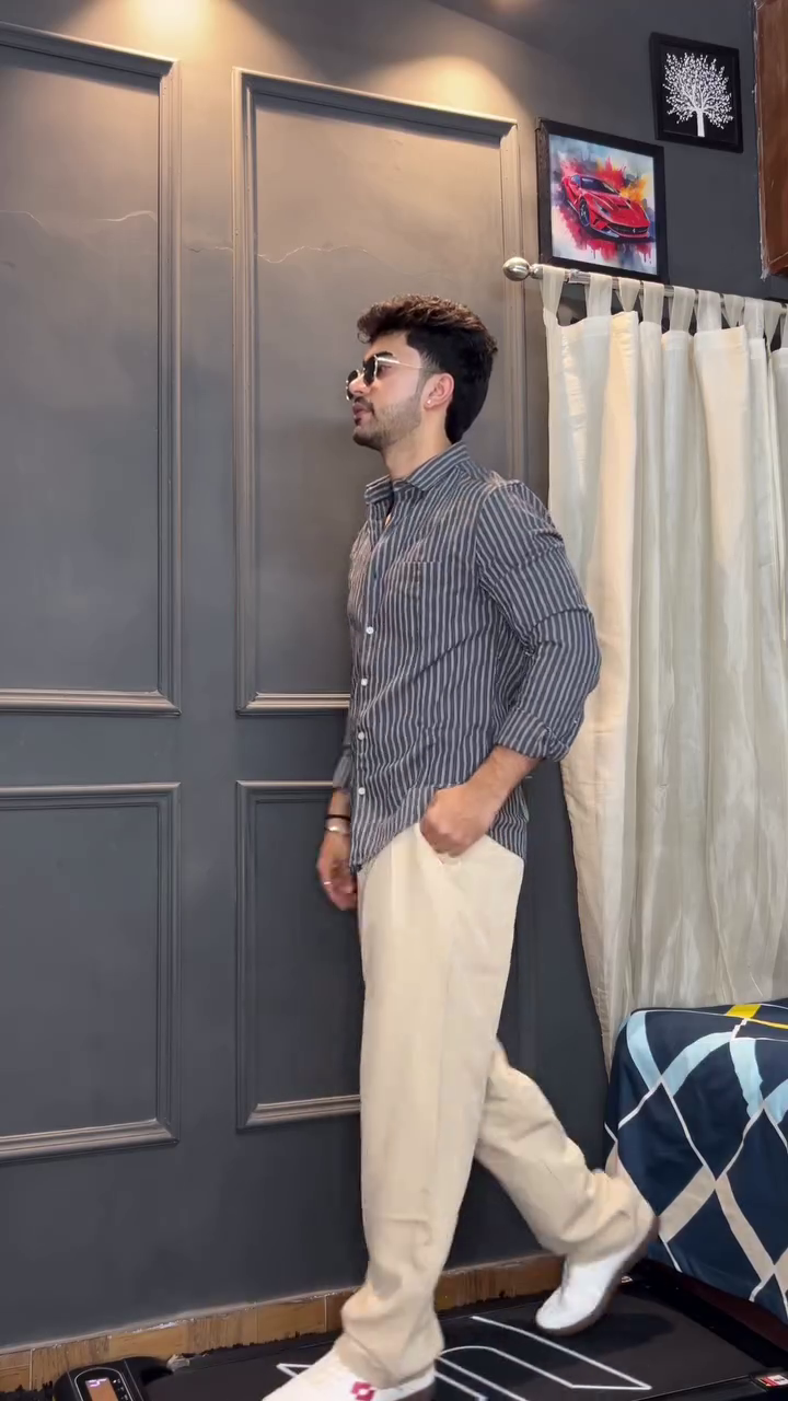 Navy Shirt with Beige Trousers