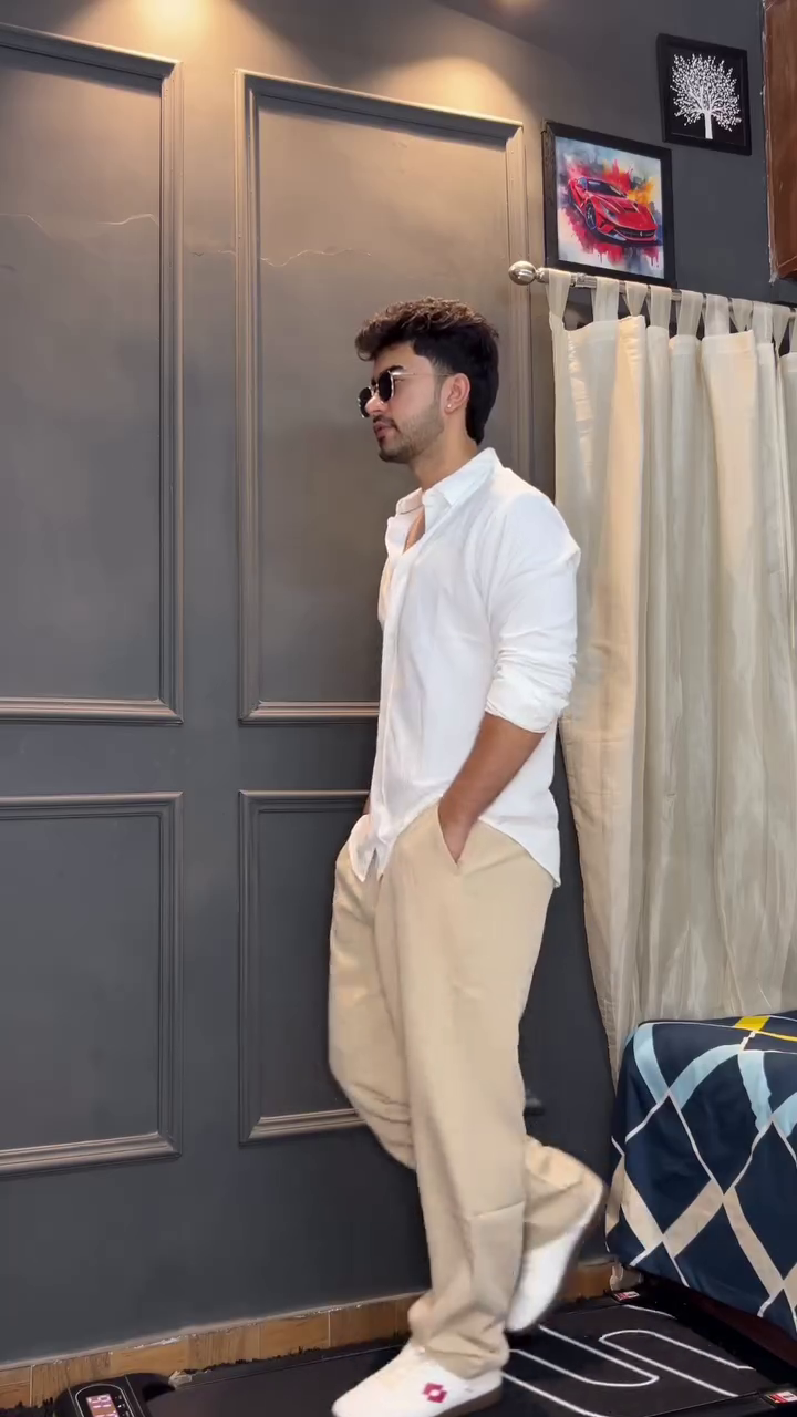 Navy Shirt with Beige Trousers