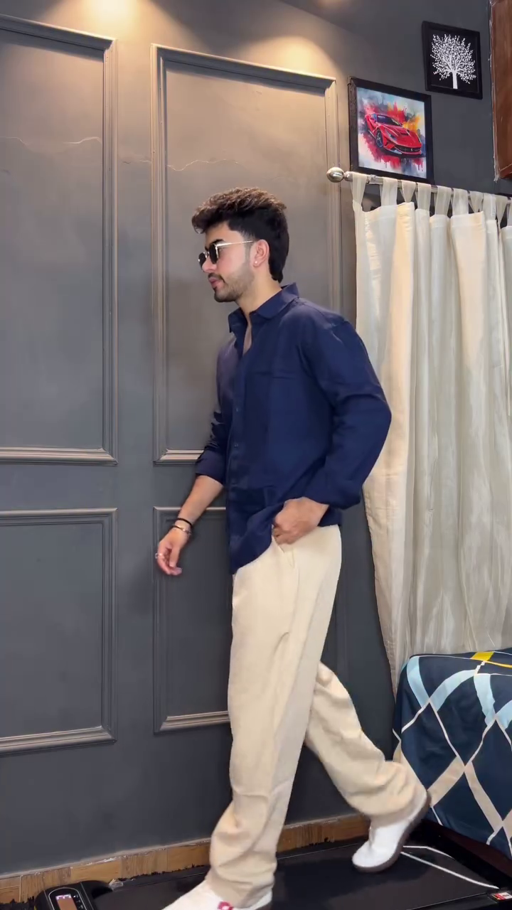 Navy Shirt with Beige Trousers