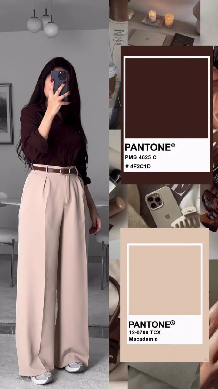 Mocha Brown Shirt with Beige Wide-Leg Pants
