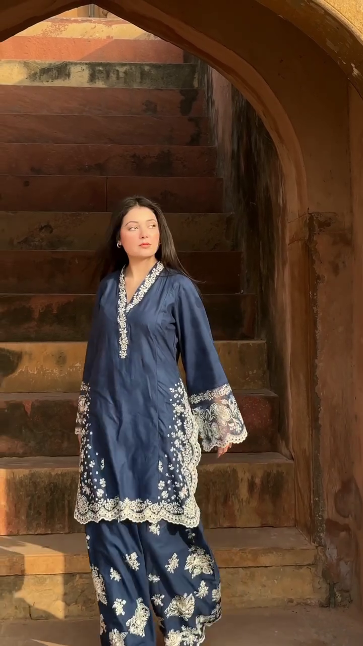 Navy Blue Embroidered Suit Set