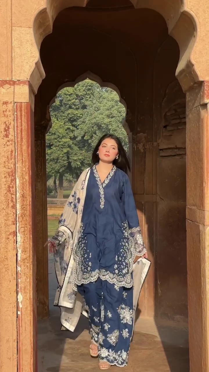 Navy Blue Embroidered Suit Set
