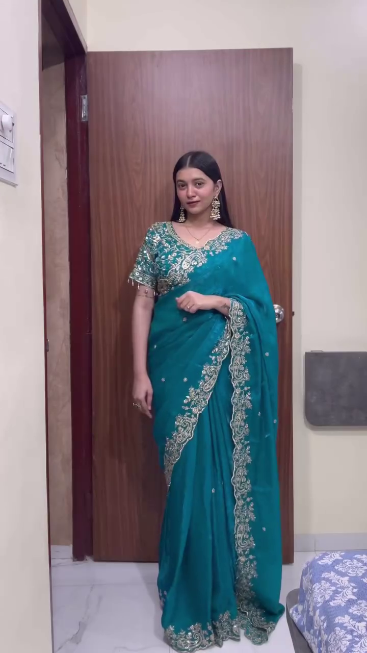 Teal Designer Embroidered Saree