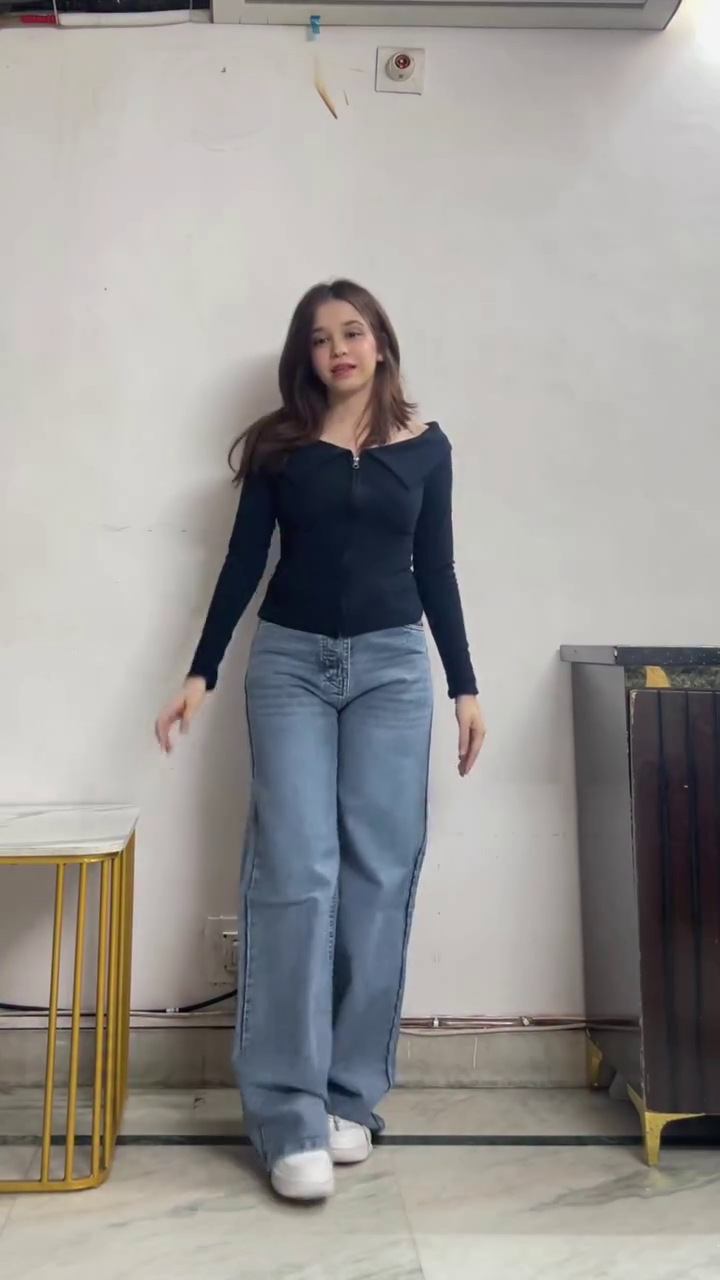 Black Off-Shoulder Top with Wide-Leg Denim