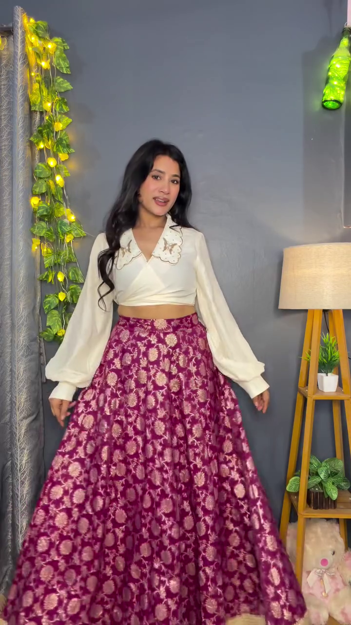 Elegant White Top with Maroon Floral Skirt