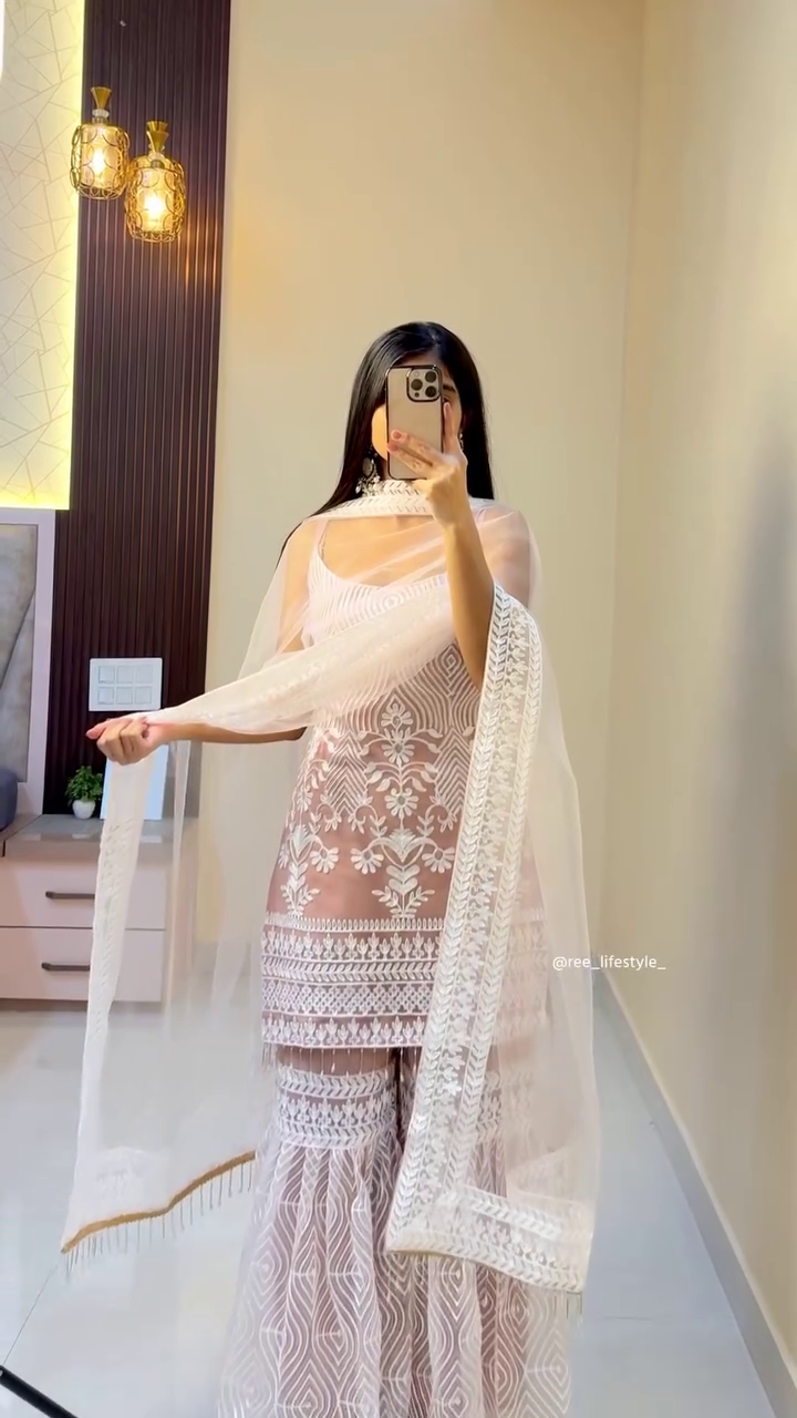 Elegant White Sharara Suit with Dupatta