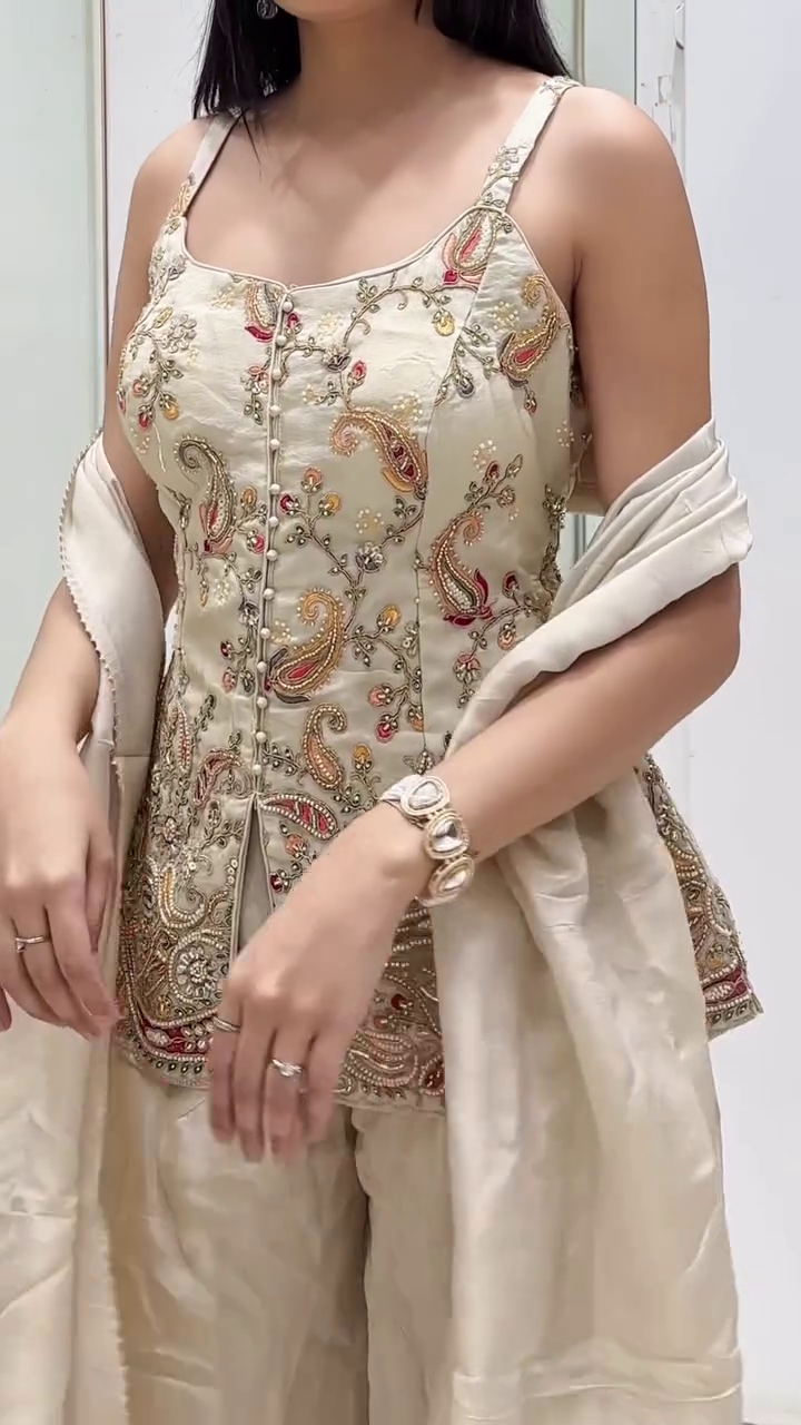 Beige Embroidered Festive Sharara Set