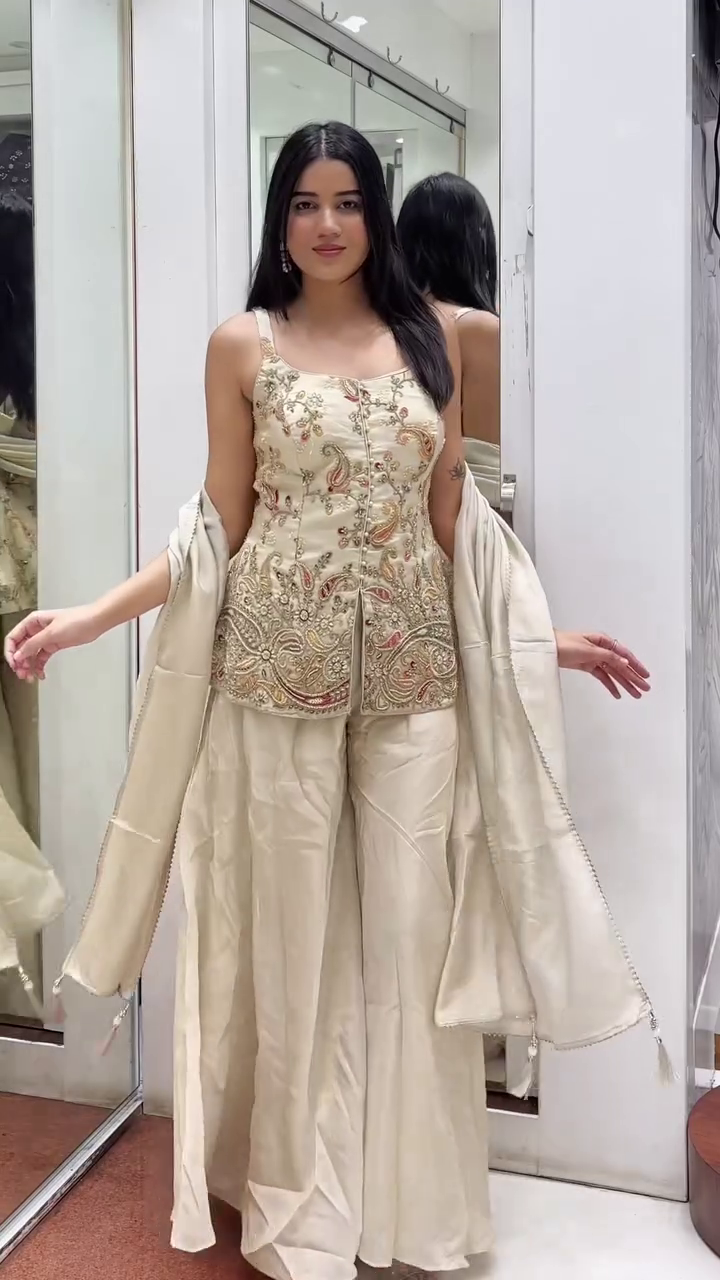 Beige Embroidered Festive Sharara Set