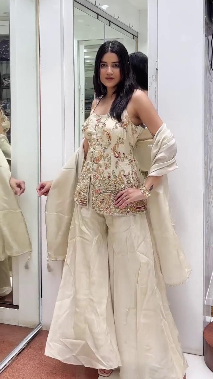 Beige Embroidered Festive Sharara Set