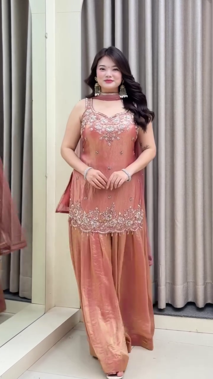 Peach Embroidered Festive Sharara Set