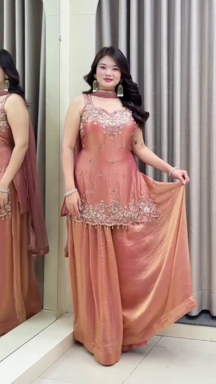 Peach Embroidered Festive Sharara Set