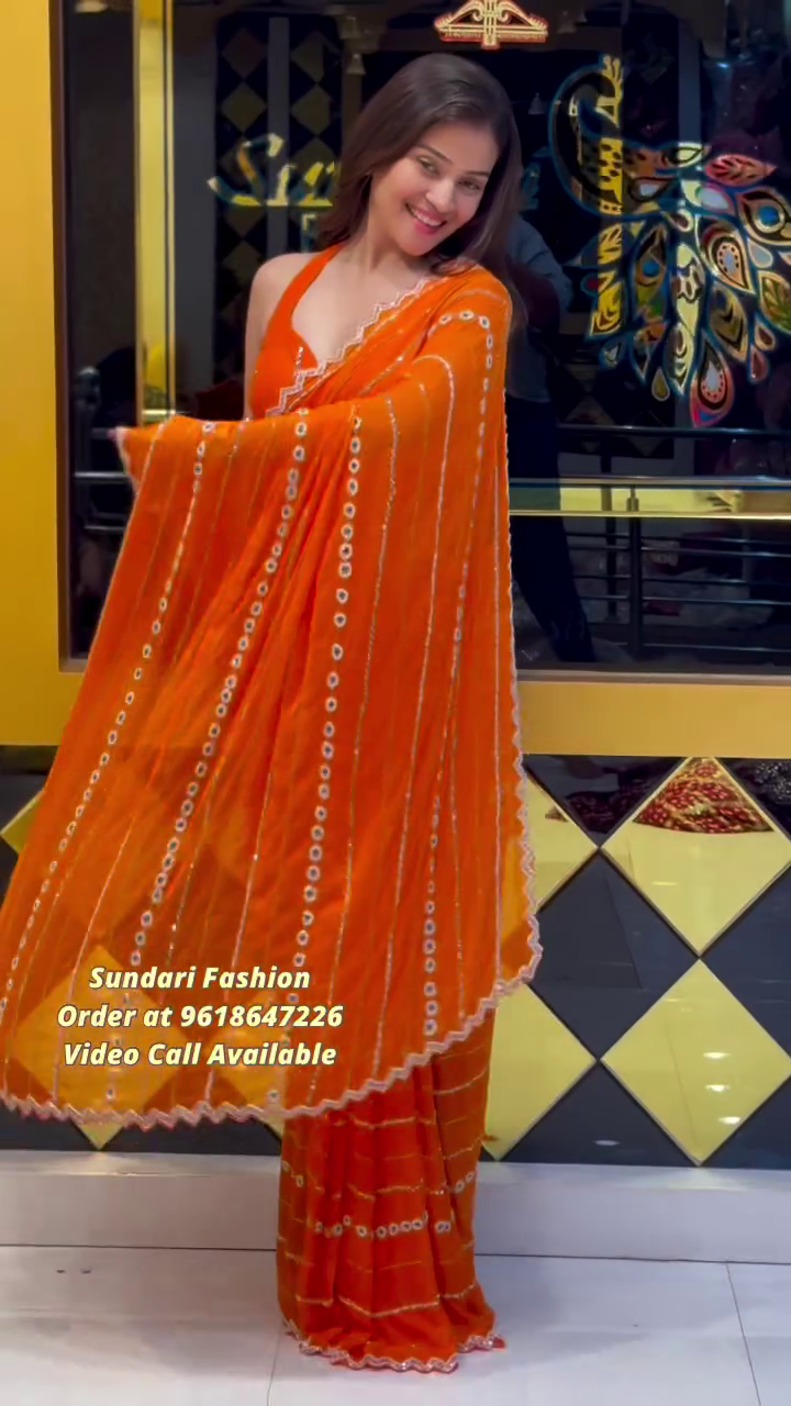 Orange Mirror Work Traditional Saree