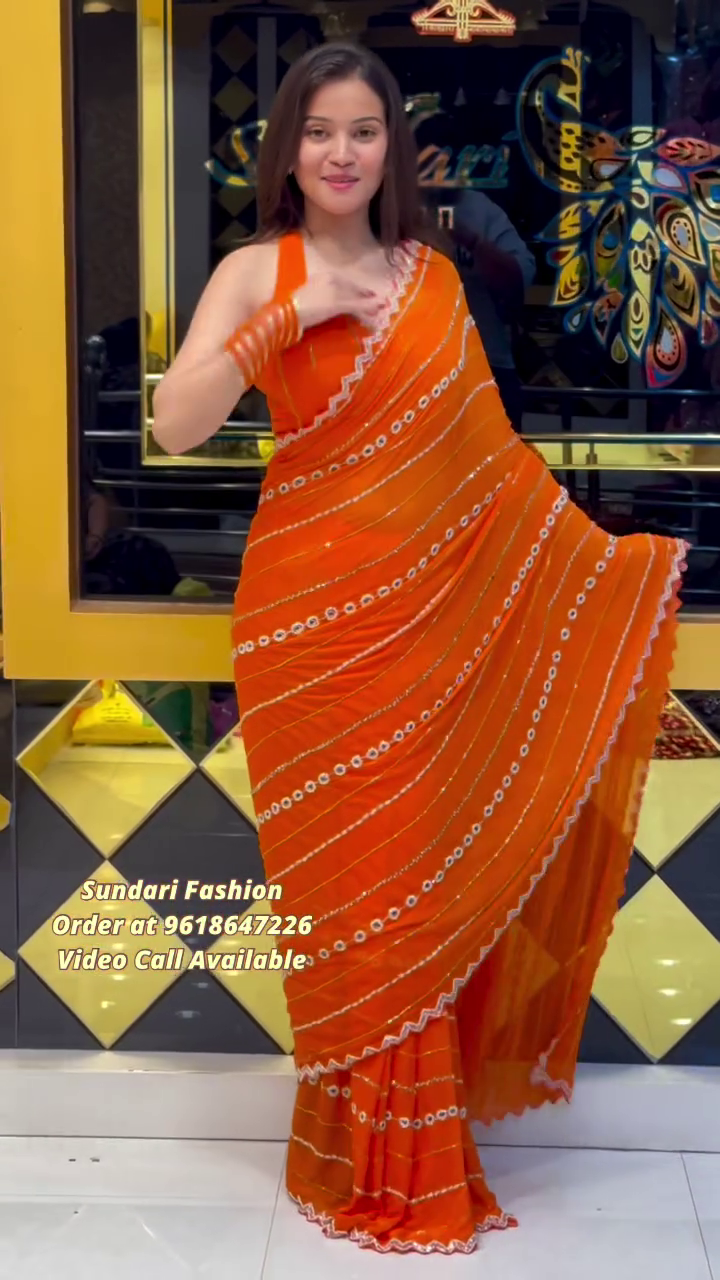Orange Mirror Work Traditional Saree