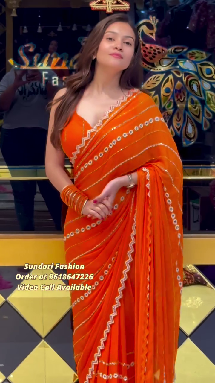 Orange Mirror Work Traditional Saree