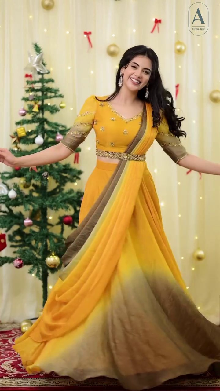 Yellow Designer Pre-Draped Saree Gown