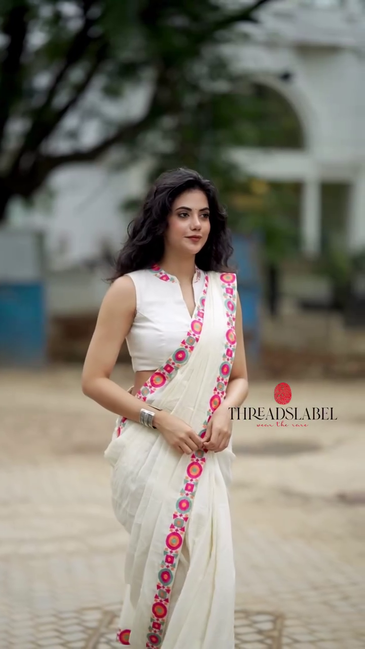 Elegant White Floral Border Saree