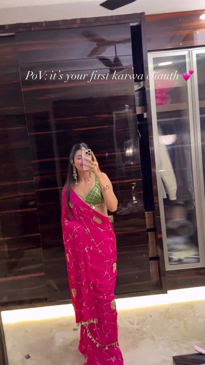 Pink Festive Mirror Work Saree
