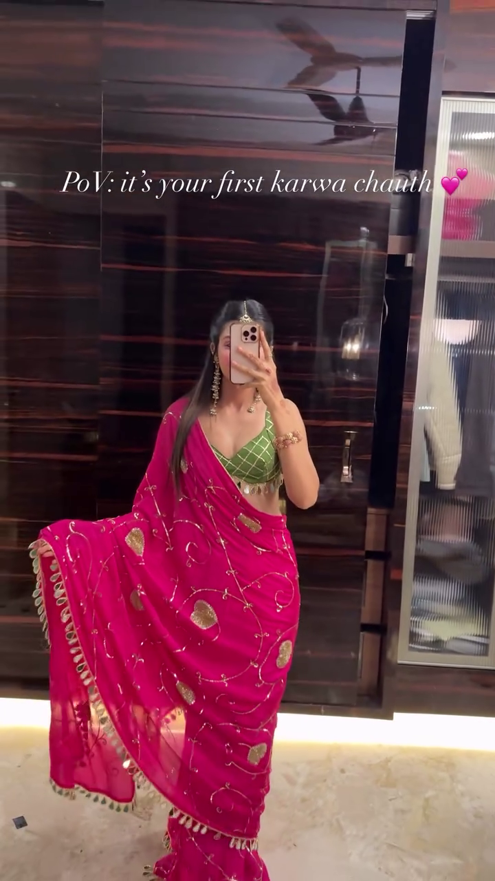 Pink Festive Mirror Work Saree
